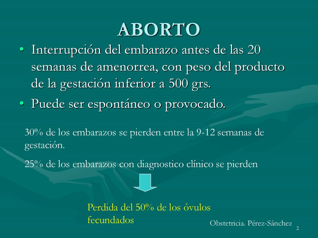 ABORTO Interrupción del embarazo antes de las 20 semanas de amenorrea, con peso del producto de la gestación inferior a 500 grs.