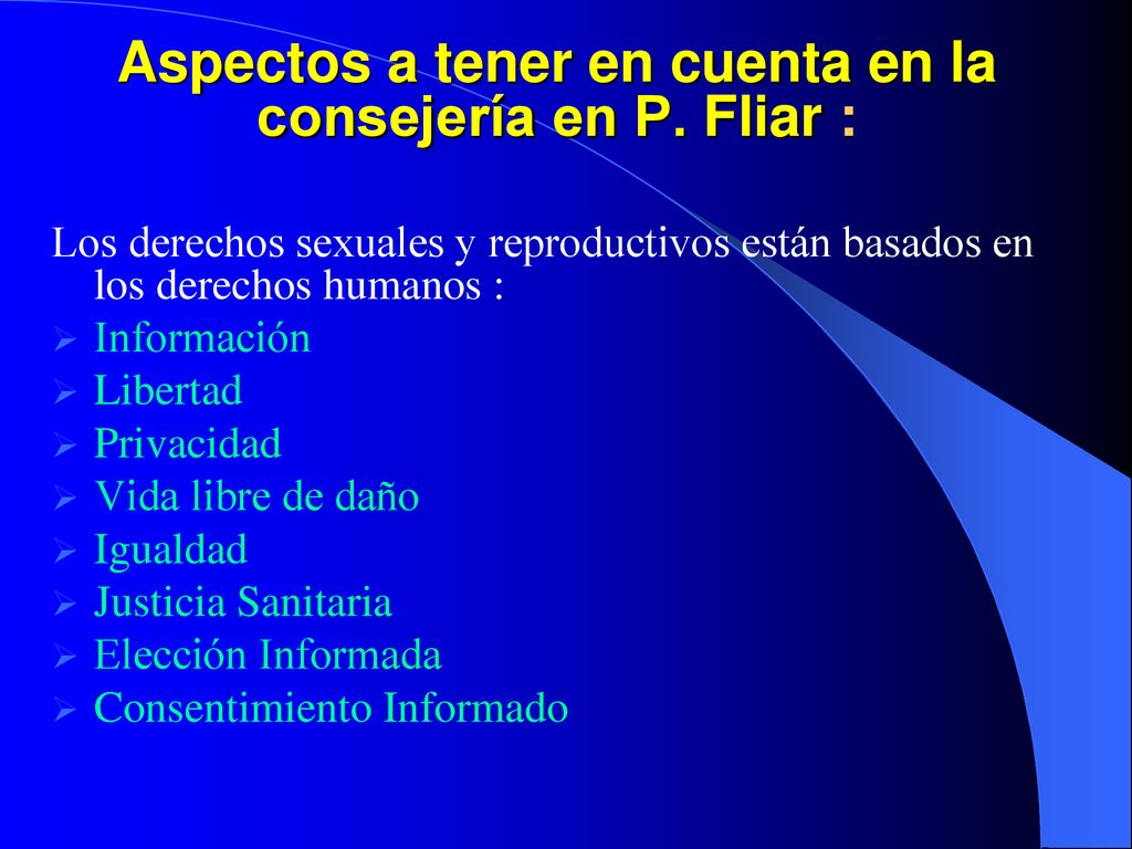 Aspectos a tener en cuenta en la consejería en P. Fliar :