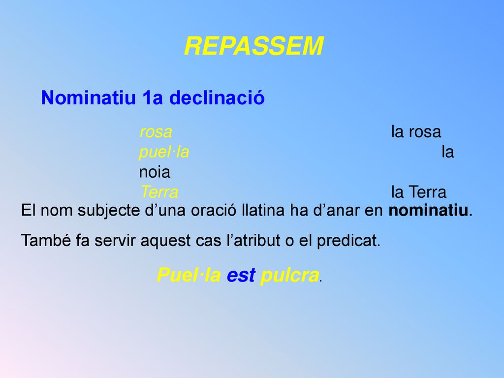REPASSEM Nominatiu 1a declinació rosa la rosa puel·la la noia