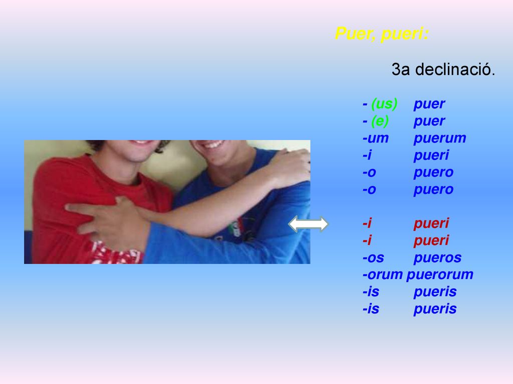 Puer, pueri: 3a declinació. - (us) puer - (e) puer -um puerum -i pueri