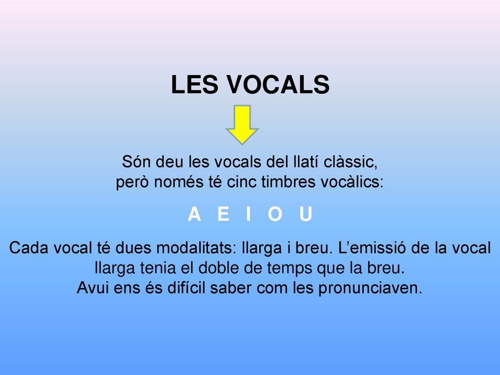 LES VOCALS A E I O U Són deu les vocals del llatí clàssic,