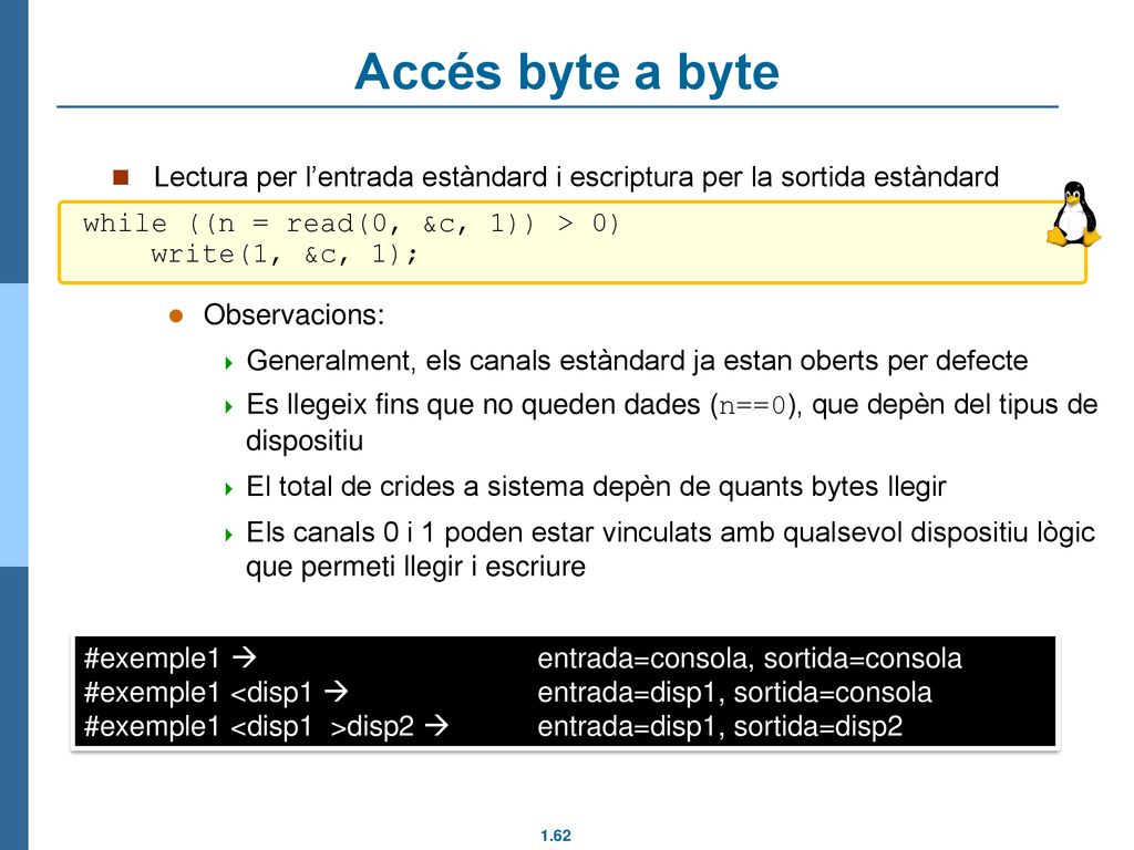 Accés byte a byte Lectura per l’entrada estàndard i escriptura per la sortida estàndard. Observacions: