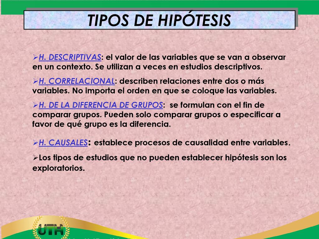 TIPOS DE HIPÓTESIS H. DESCRIPTIVAS: el valor de las variables que se van a observar en un contexto. Se utilizan a veces en estudios descriptivos.
