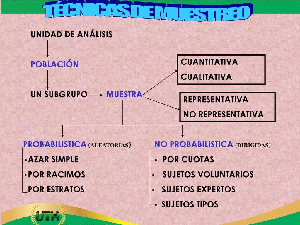 TÉCNICAS DE MUESTREO UNIDAD DE ANÁLISIS POBLACIÓN UN SUBGRUPO MUESTRA