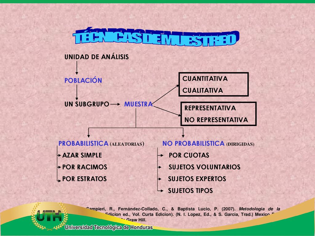 TÉCNICAS DE MUESTREO UNIDAD DE ANÁLISIS POBLACIÓN UN SUBGRUPO MUESTRA