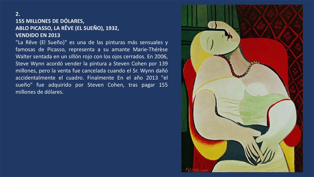 MILLONES DE DÓLARES, ABLO PICASSO, LA RÊVE (EL SUEÑO), 1932, VENDIDO EN