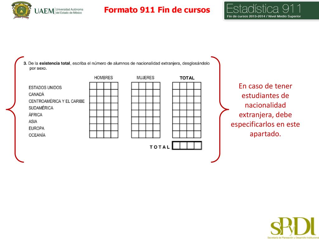 Formato 911 Fin de cursos En caso de tener estudiantes de nacionalidad extranjera, debe especificarlos en este apartado.