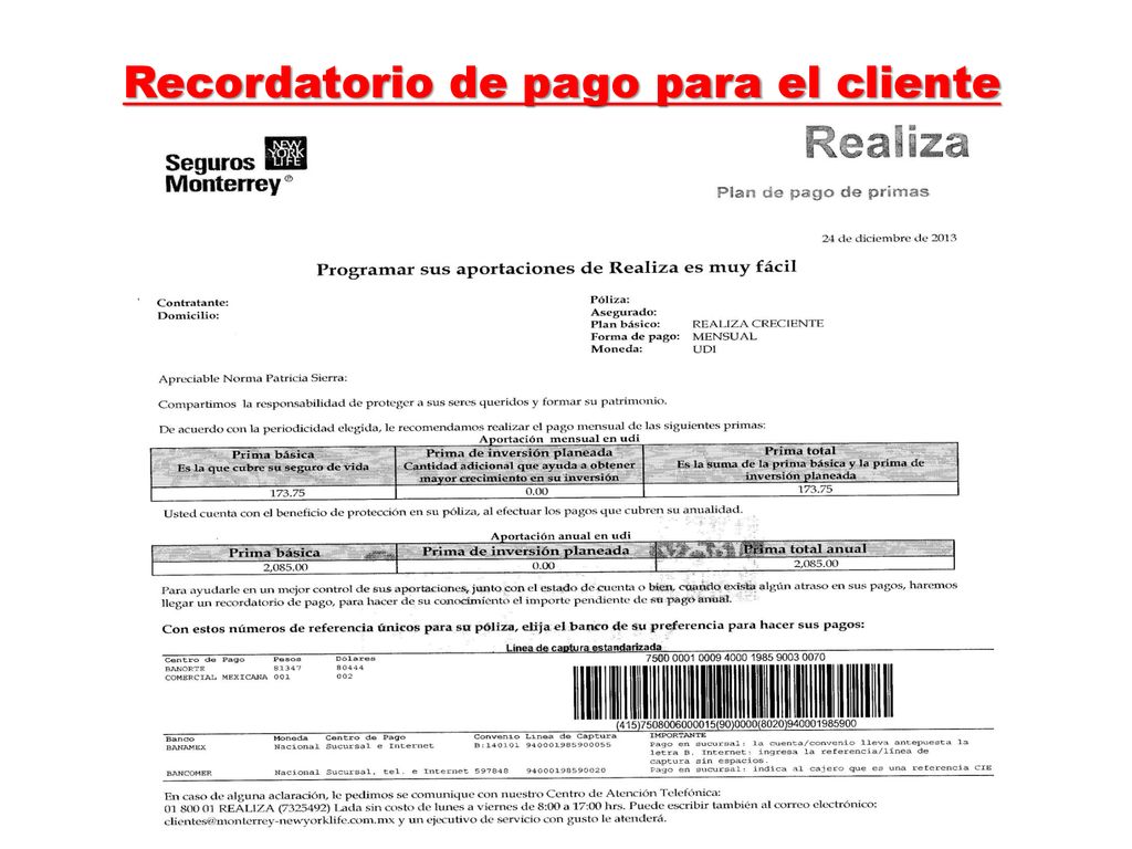 Recordatorio de pago para el cliente