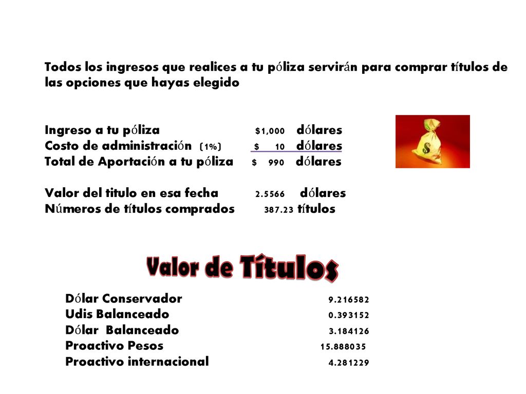 Todos los ingresos que realices a tu póliza servirán para comprar títulos de las opciones que hayas elegido