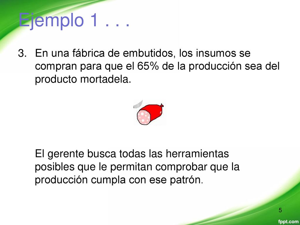 Ejemplo En una fábrica de embutidos, los insumos se compran para que el 65% de la producción sea del producto mortadela.