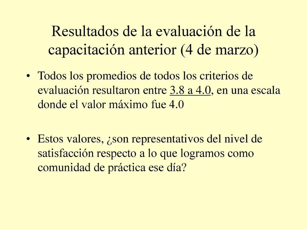 Resultados de la evaluación de la capacitación anterior (4 de marzo)