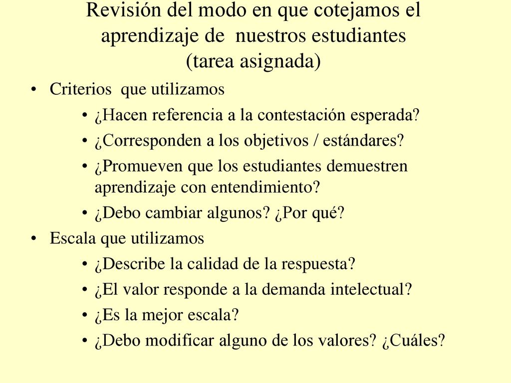 Revisión del modo en que cotejamos el aprendizaje de nuestros estudiantes (tarea asignada)