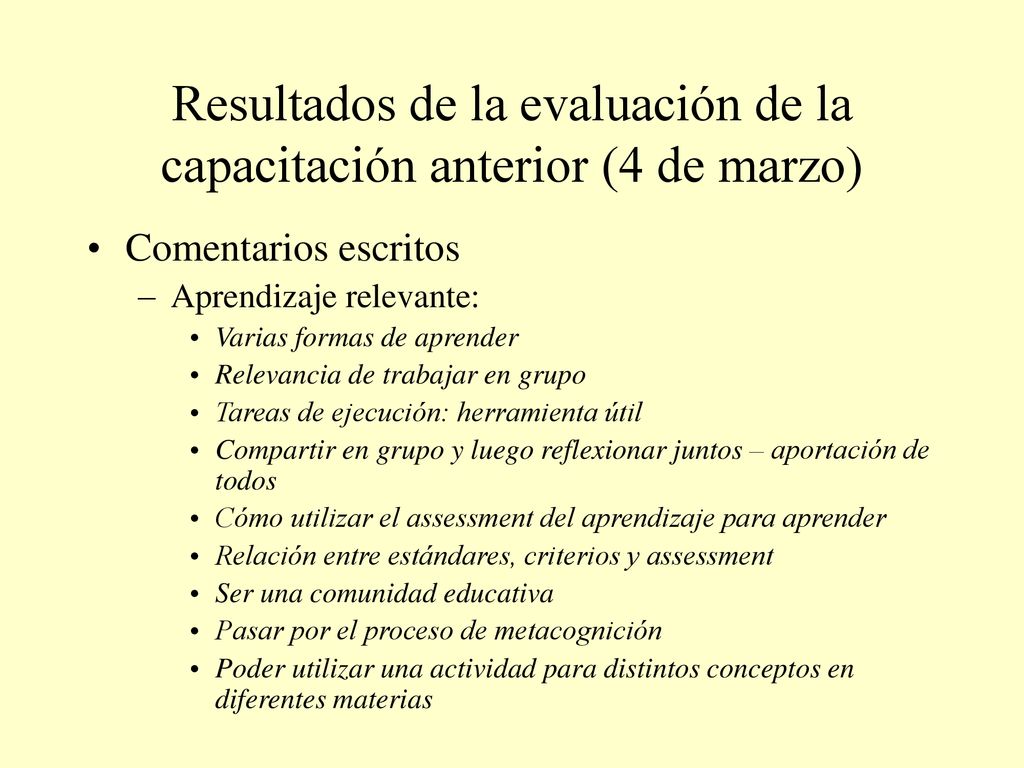 Resultados de la evaluación de la capacitación anterior (4 de marzo)