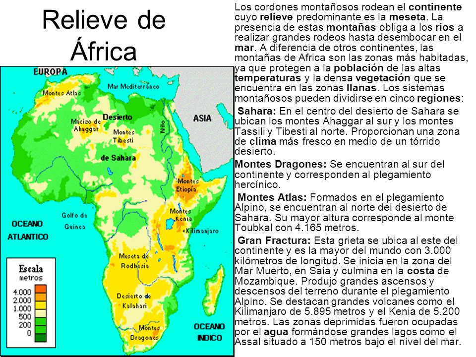 Los cordones montañosos rodean el continente cuyo relieve predominante es la meseta. La presencia de estas montañas obliga a los ríos a realizar grandes rodeos hasta desembocar en el mar. A diferencia de otros continentes, las montañas de Africa son las zonas más habitadas, ya que protegen a la población de las altas temperaturas y la densa vegetación que se encuentra en las zonas llanas. Los sistemas montañosos pueden dividirse en cinco regiones: