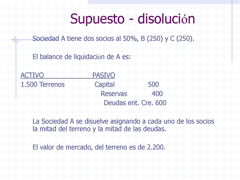 Supuesto - disolución Sociedad A tiene dos socios al 50%, B (250) y C (250). El balance de liquidación de A es: