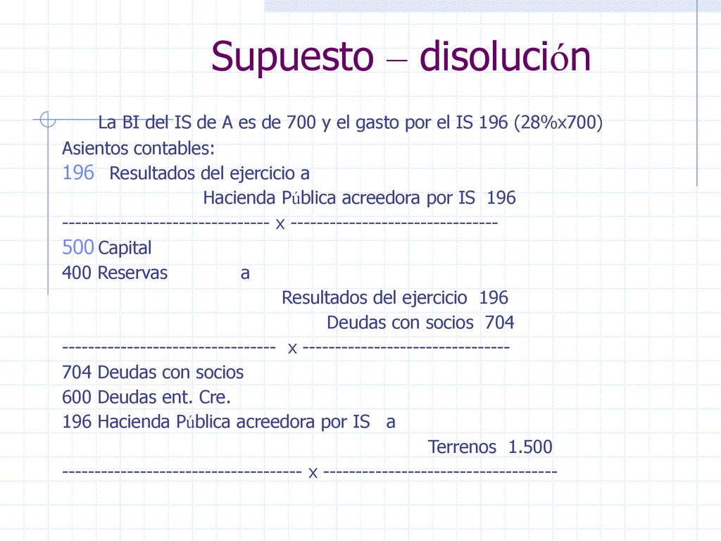 Supuesto – disolución La BI del IS de A es de 700 y el gasto por el IS 196 (28%x700) Asientos contables: