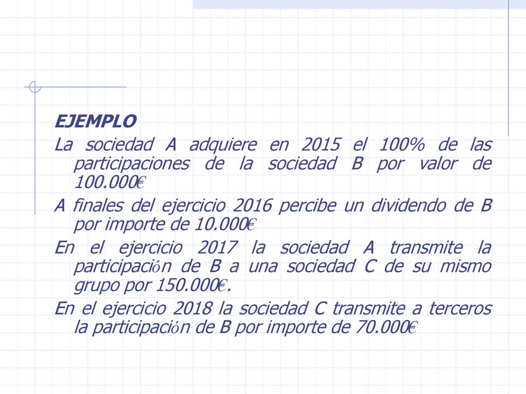 EJEMPLO La sociedad A adquiere en 2015 el 100% de las participaciones de la sociedad B por valor de €