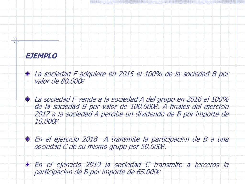 EJEMPLO La sociedad F adquiere en 2015 el 100% de la sociedad B por valor de €