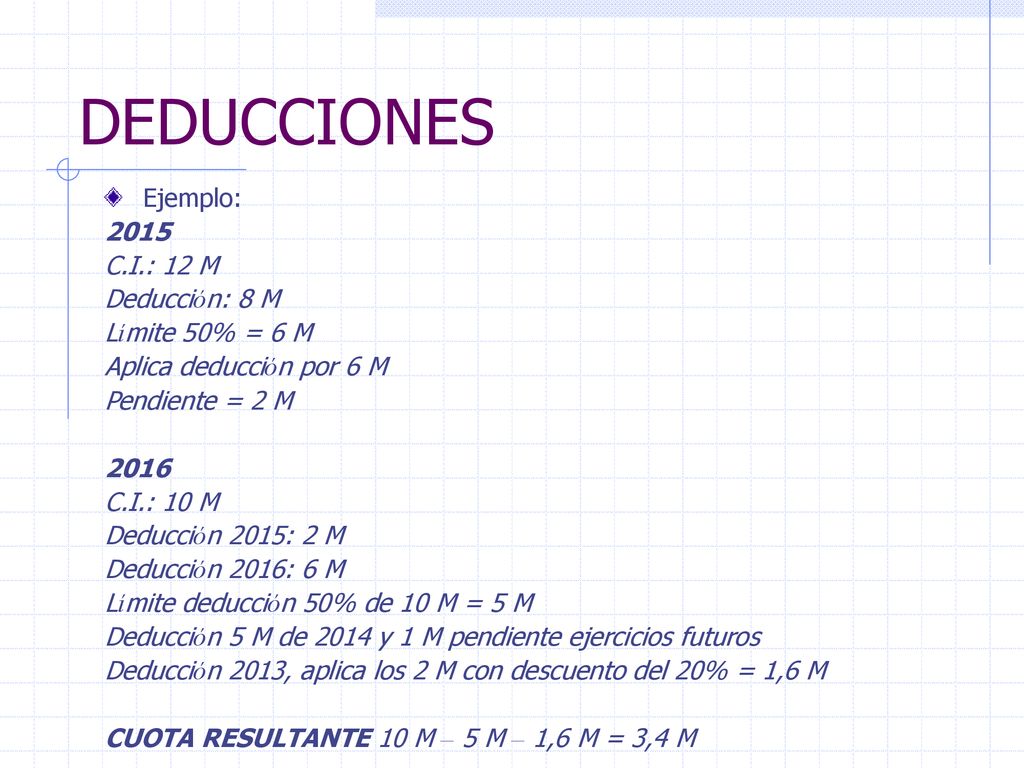 DEDUCCIONES Ejemplo: 2015 C.I.: 12 M Deducción: 8 M Límite 50% = 6 M