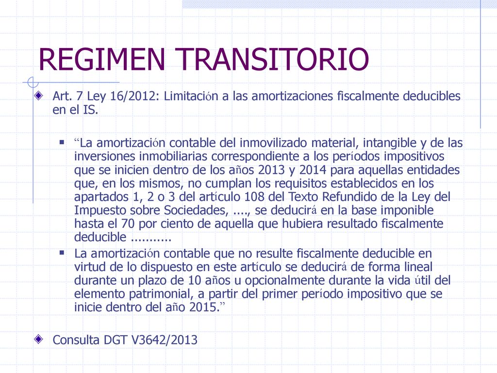 REGIMEN TRANSITORIO Art. 7 Ley 16/2012: Limitación a las amortizaciones fiscalmente deducibles en el IS.