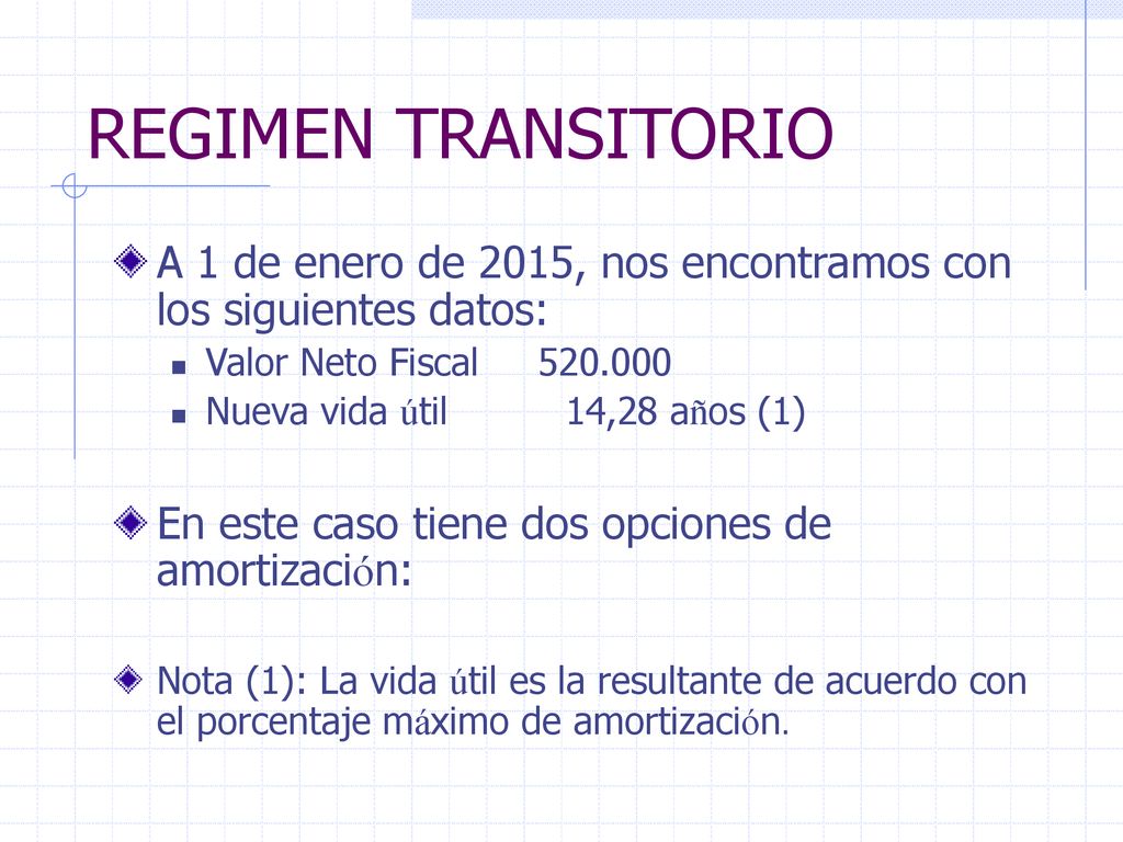 REGIMEN TRANSITORIO A 1 de enero de 2015, nos encontramos con los siguientes datos: Valor Neto Fiscal