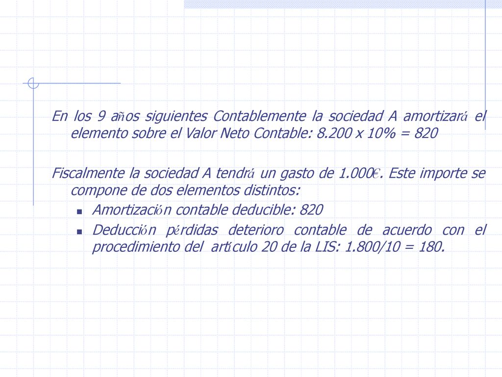 En los 9 años siguientes Contablemente la sociedad A amortizará el elemento sobre el Valor Neto Contable: x 10% = 820