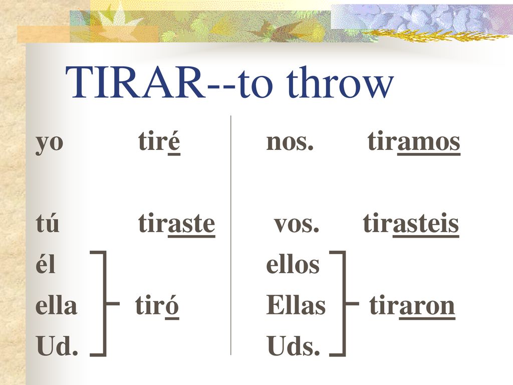 TIRAR--to throw yo tiré tú tiraste él ella tiró Ud. nos. tiramos