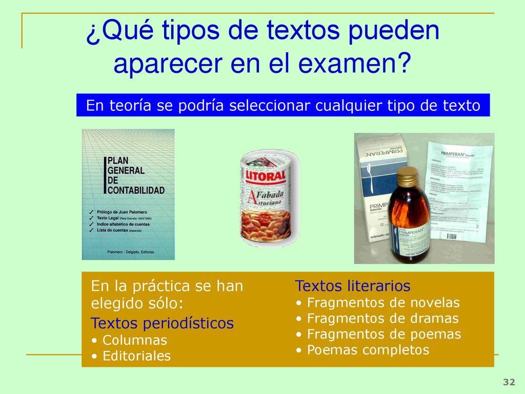 ¿Qué tipos de textos pueden aparecer en el examen