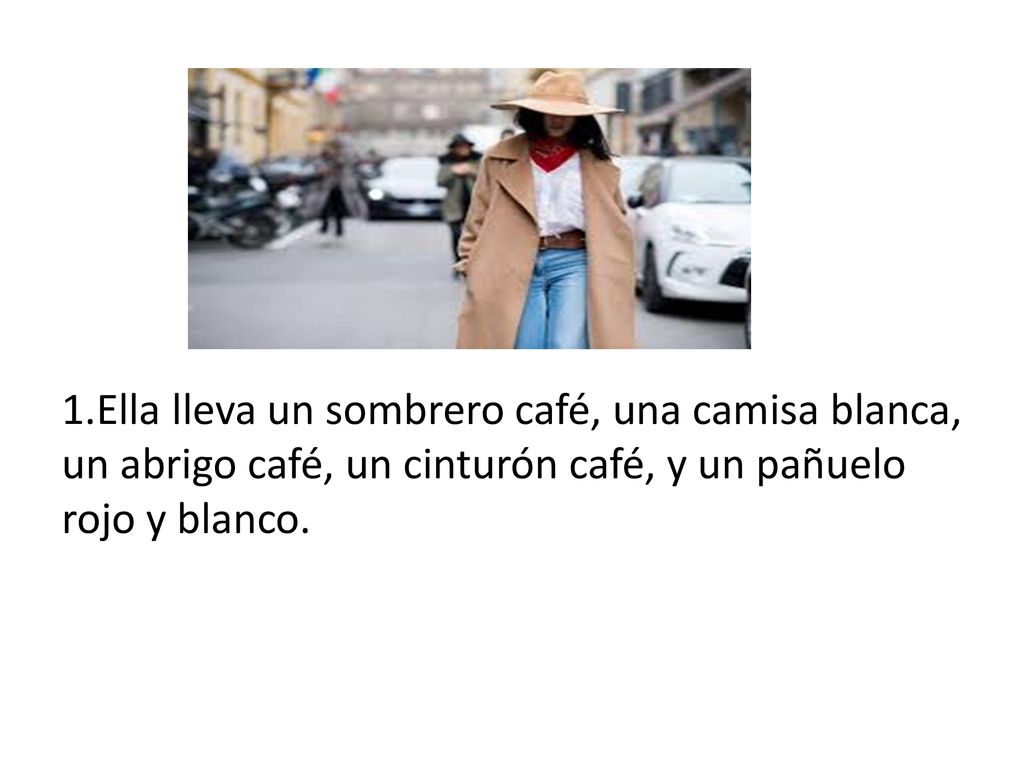 1.Ella lleva un sombrero café, una camisa blanca, un abrigo café, un cinturón café, y un pañuelo rojo y blanco.