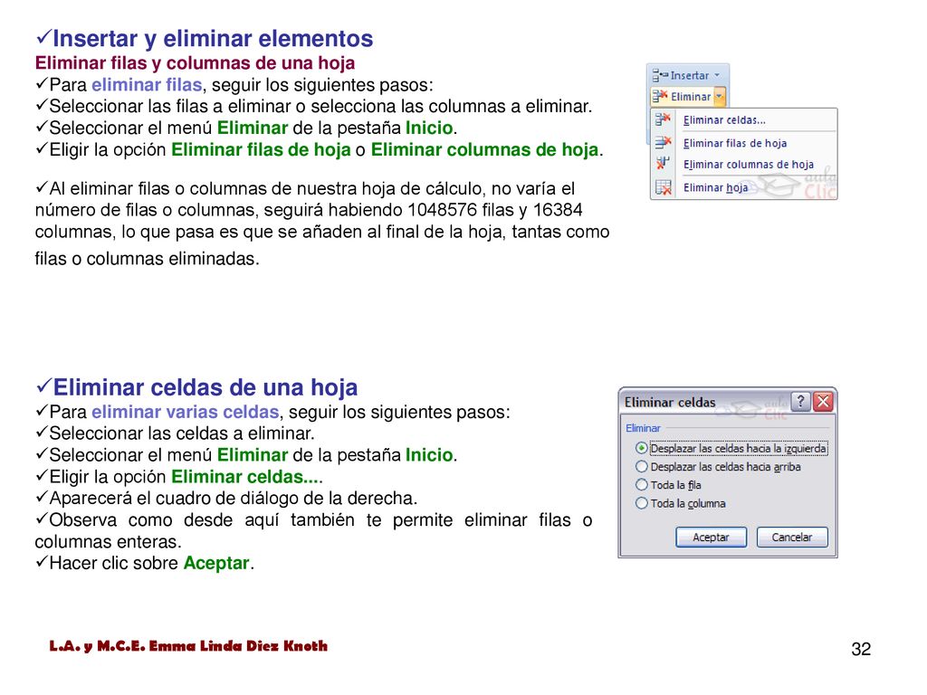 Insertar y eliminar elementos Eliminar filas y columnas de una hoja