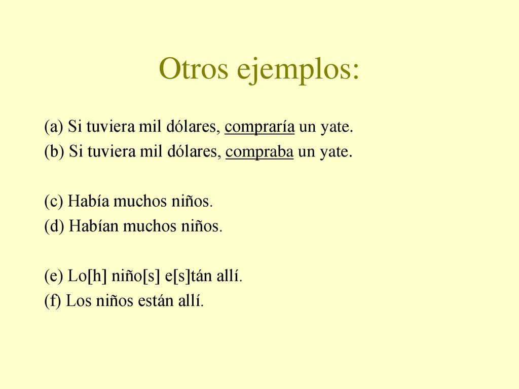 Otros ejemplos: (a) Si tuviera mil dólares, compraría un yate.