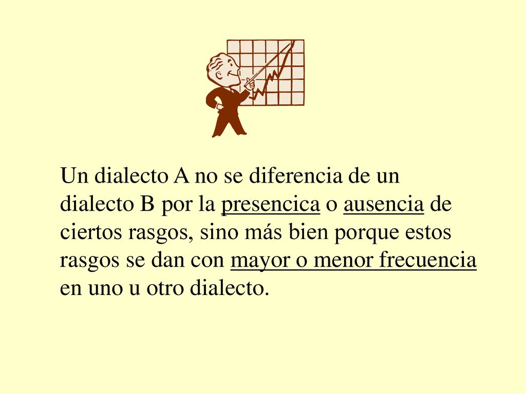 Un dialecto A no se diferencia de un dialecto B por la presencica o ausencia de ciertos rasgos, sino más bien porque estos rasgos se dan con mayor o menor frecuencia en uno u otro dialecto.
