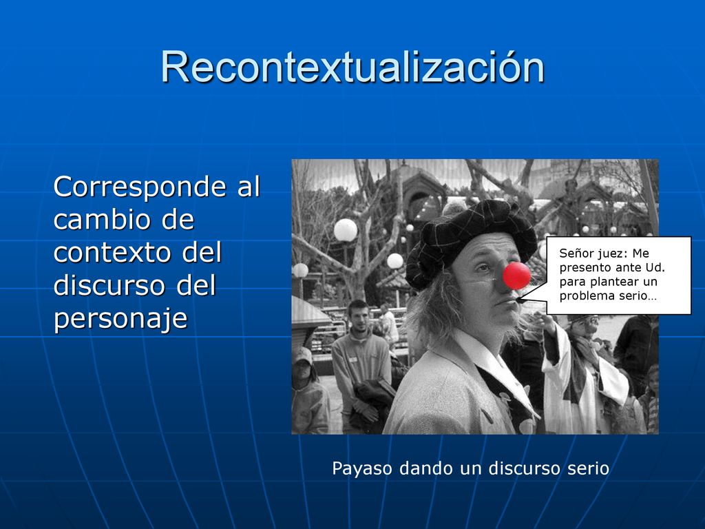 Recontextualización Corresponde al cambio de contexto del discurso del personaje. Señor juez: Me presento ante Ud. para plantear un problema serio…