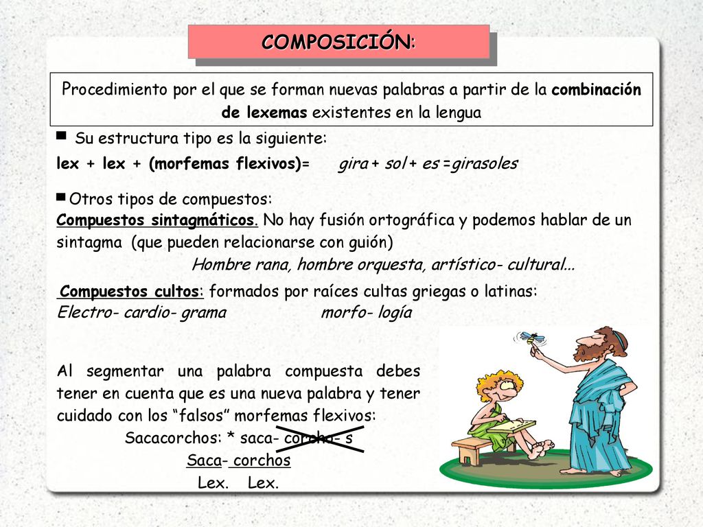 COMPOSICIÓN: Procedimiento por el que se forman nuevas palabras a partir de la combinación de lexemas existentes en la lengua.