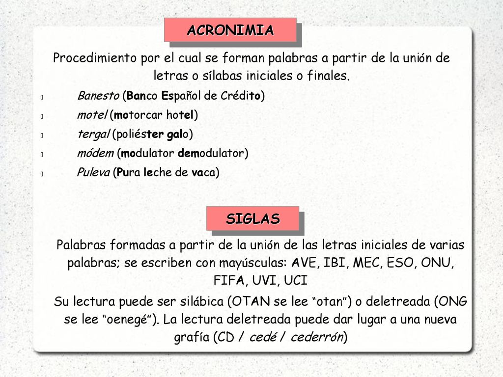 ACRONIMIA Procedimiento por el cual se forman palabras a partir de la unión de letras o sílabas iniciales o finales.