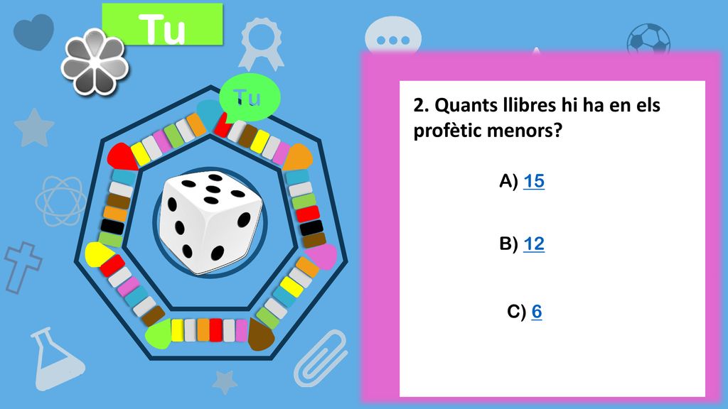 Tu 2. Quants llibres hi ha en els profètic menors A) 15 B) 12 C) 6