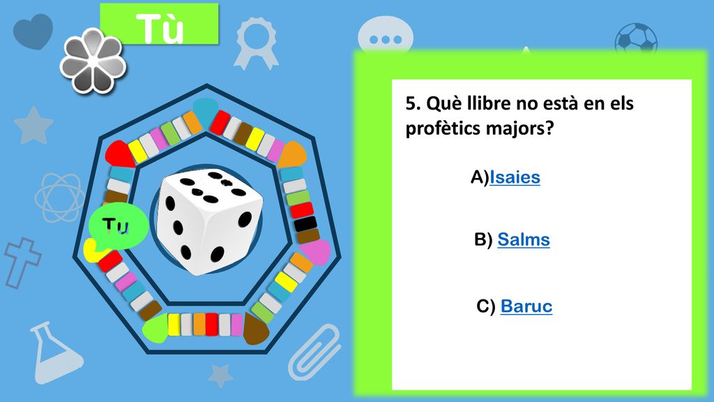 Tù 5. Què llibre no està en els profètics majors A)Isaies B) Salms