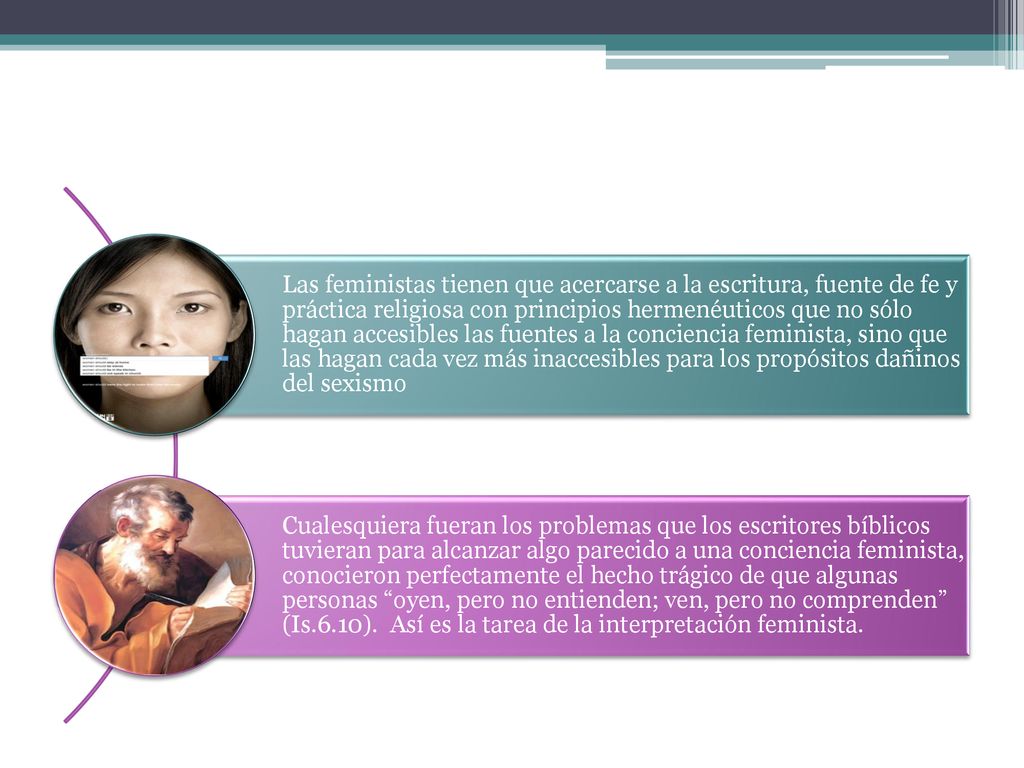 Las feministas tienen que acercarse a la escritura, fuente de fe y práctica religiosa con principios hermenéuticos que no sólo hagan accesibles las fuentes a la conciencia feminista, sino que las hagan cada vez más inaccesibles para los propósitos dañinos del sexismo
