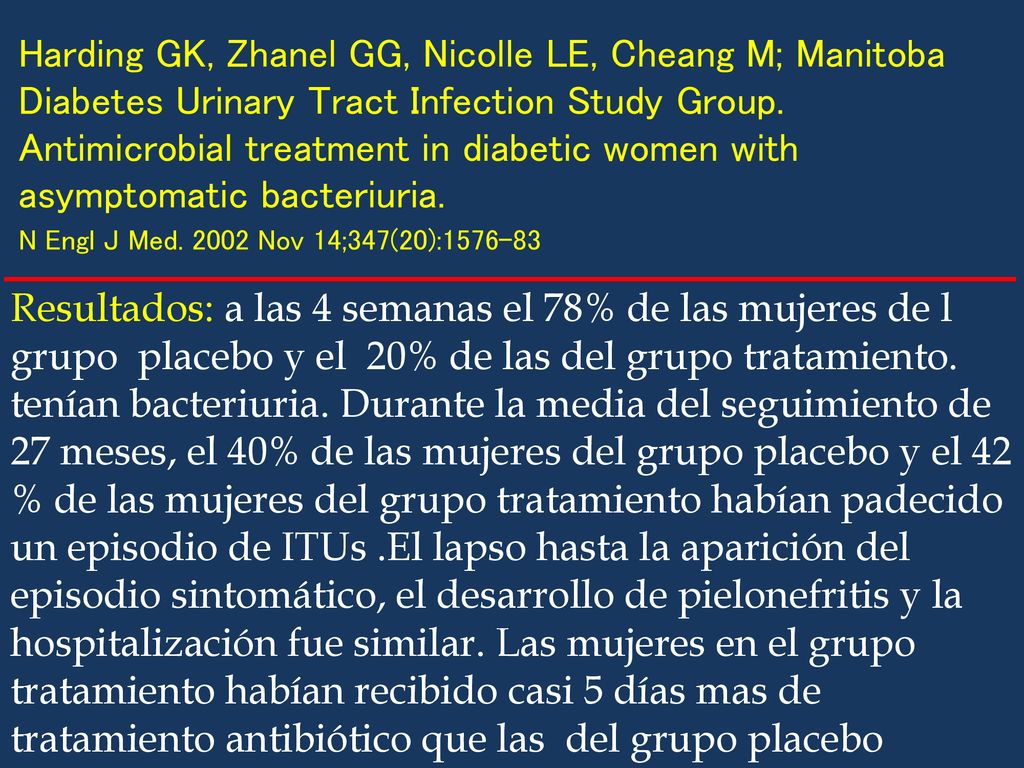 Harding GK, Zhanel GG, Nicolle LE, Cheang M; Manitoba Diabetes Urinary Tract Infection Study Group. Antimicrobial treatment in diabetic women with asymptomatic bacteriuria.
