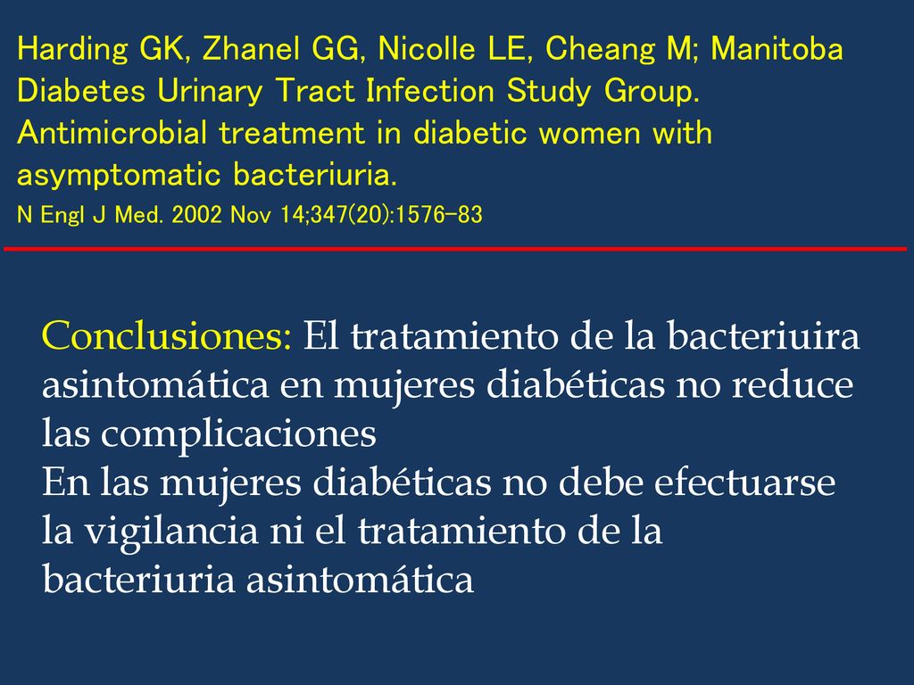 Harding GK, Zhanel GG, Nicolle LE, Cheang M; Manitoba Diabetes Urinary Tract Infection Study Group. Antimicrobial treatment in diabetic women with asymptomatic bacteriuria.
