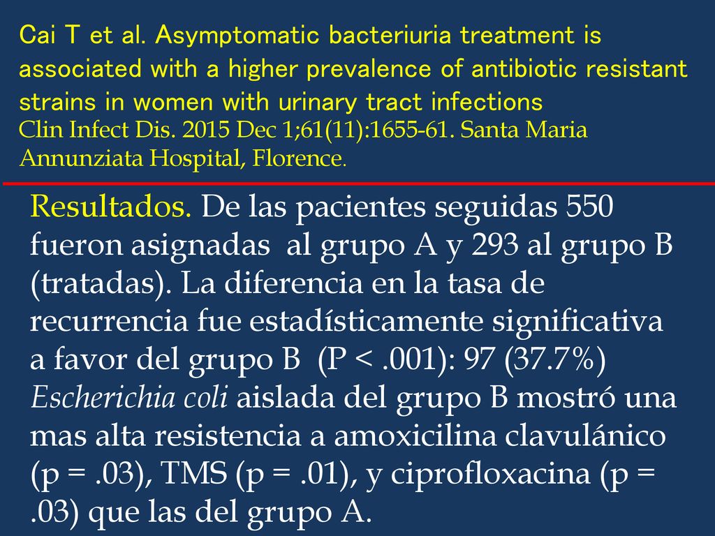 Cai T et al. Asymptomatic bacteriuria treatment is associated with a higher prevalence of antibiotic resistant strains in women with urinary tract infections