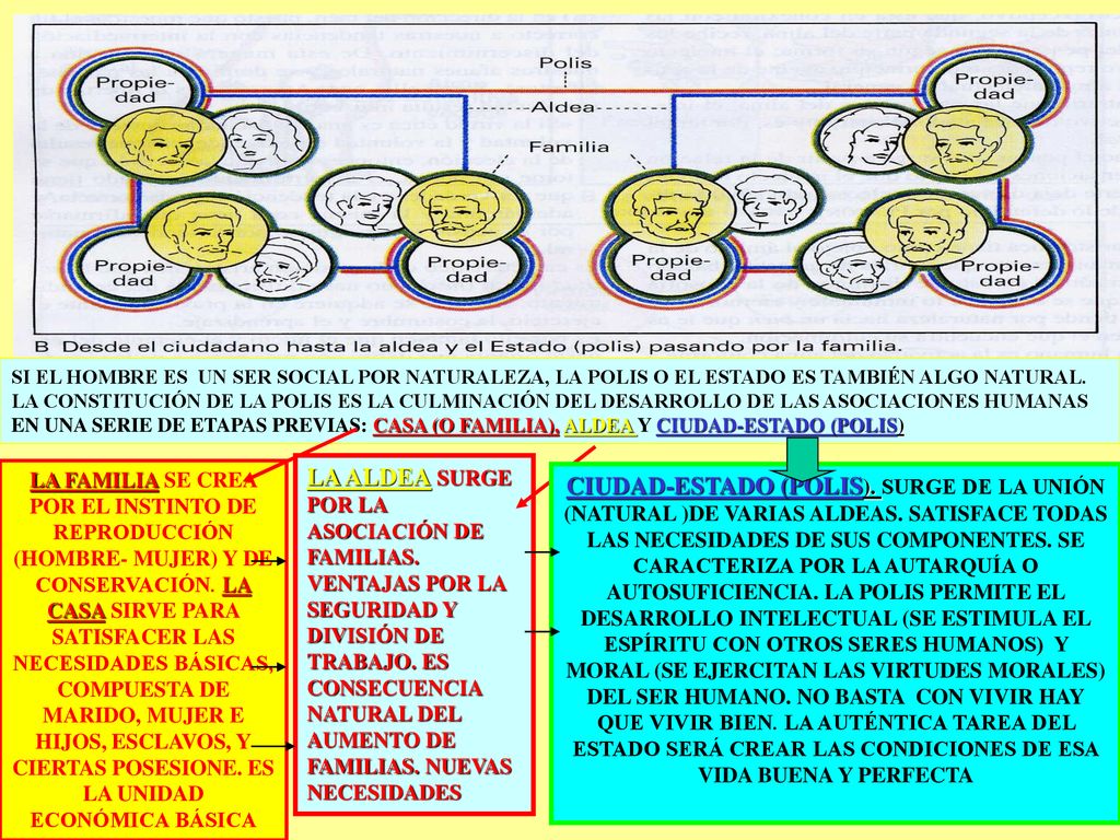 SI EL HOMBRE ES UN SER SOCIAL POR NATURALEZA, LA POLIS O EL ESTADO ES TAMBIÉN ALGO NATURAL. LA CONSTITUCIÓN DE LA POLIS ES LA CULMINACIÓN DEL DESARROLLO DE LAS ASOCIACIONES HUMANAS EN UNA SERIE DE ETAPAS PREVIAS: CASA (O FAMILIA), ALDEA Y CIUDAD-ESTADO (POLIS)