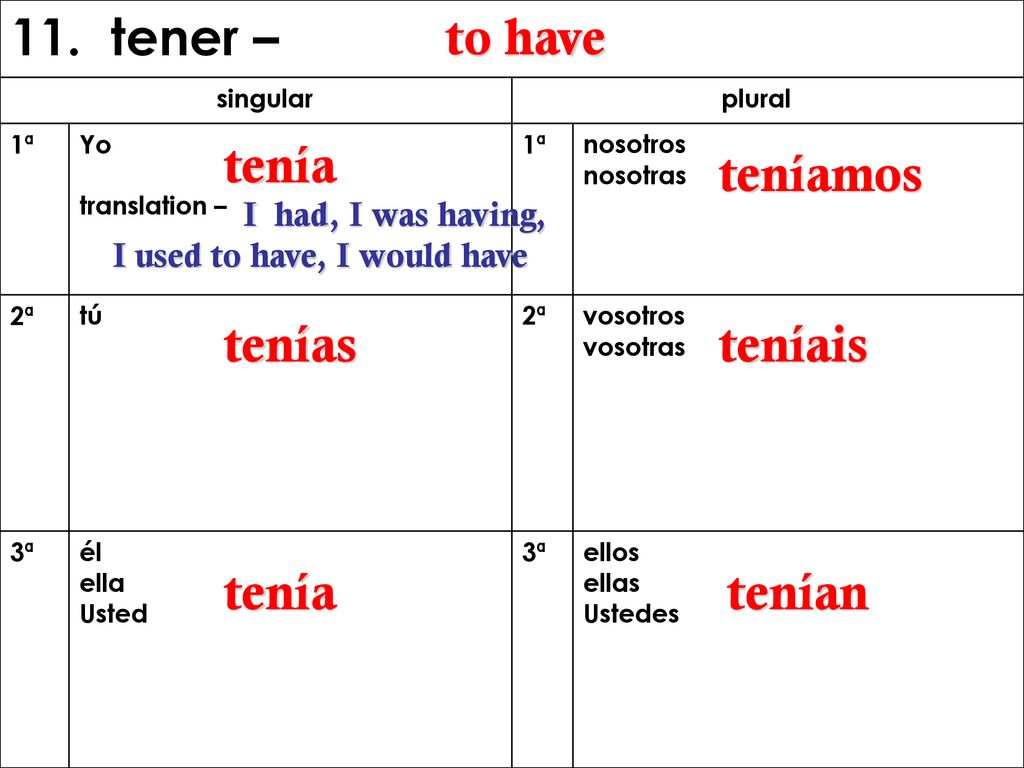 11. tener – to have tenía teníamos tenías teníais tenía tenían