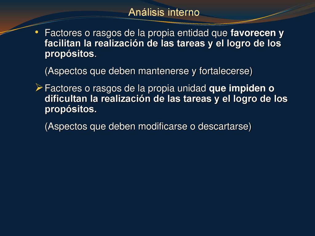 Análisis interno Factores o rasgos de la propia entidad que favorecen y facilitan la realización de las tareas y el logro de los propósitos.