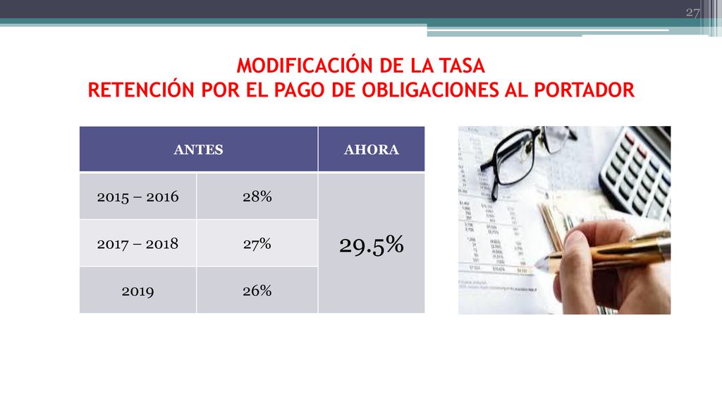 MODIFICACIÓN DE LA TASA RETENCIÓN POR EL PAGO DE OBLIGACIONES AL PORTADOR