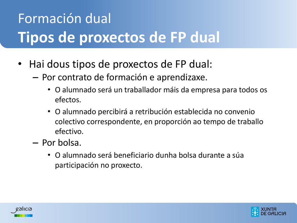 Formación dual Tipos de proxectos de FP dual