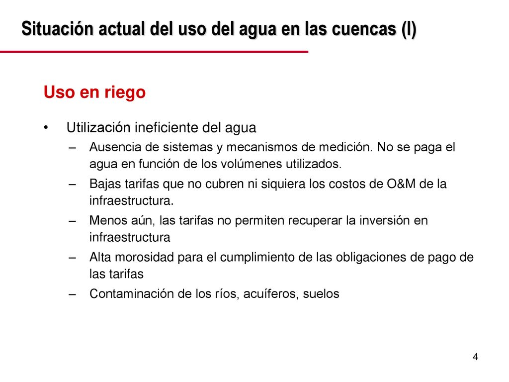 Situación actual del uso del agua en las cuencas (I)