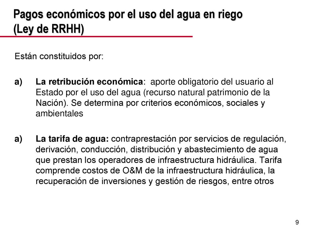 Pagos económicos por el uso del agua en riego (Ley de RRHH)