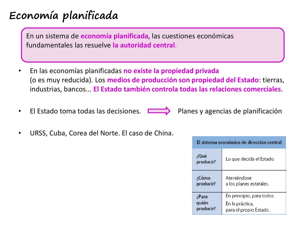 Economía planificada En un sistema de economía planificada, las cuestiones económicas fundamentales las resuelve la autoridad central.