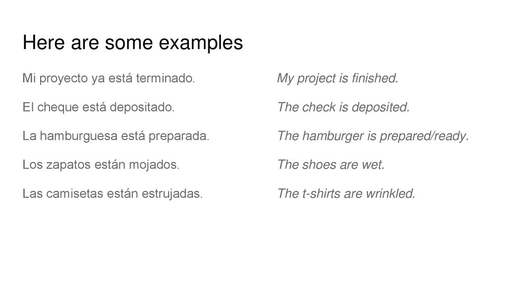 Here are some examples Mi proyecto ya está terminado. My project is finished. El cheque está depositado. The check is deposited.